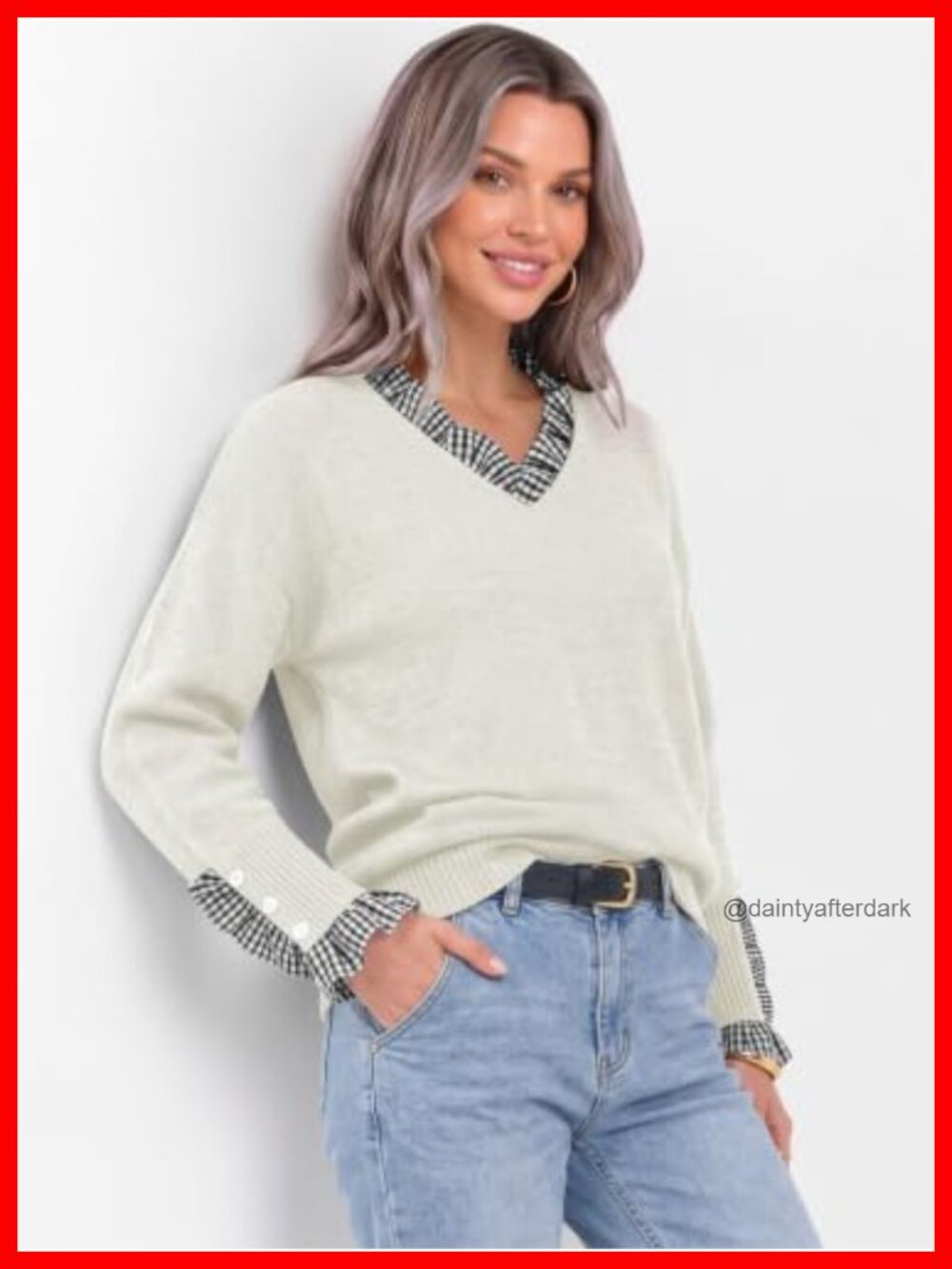 Womens Pullover Sweater 2 in 1 Patchwork Plaid V Neck Knit Top Ruffle - Picture 2 of 5